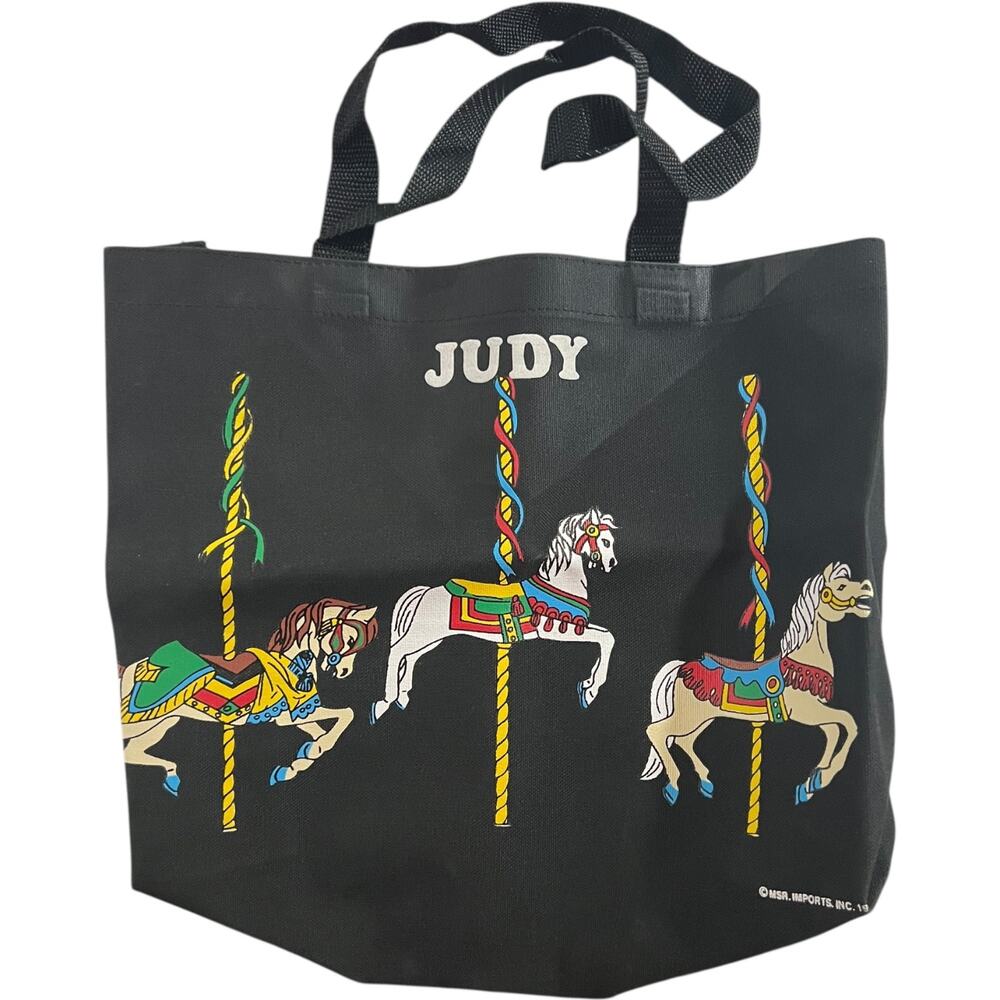 Vintage 1998 Personalized Carousel Horse Tote Bag Black Canvas Judy
